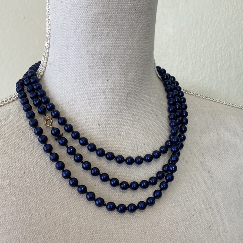 Vintage blue beads METAL necklace long